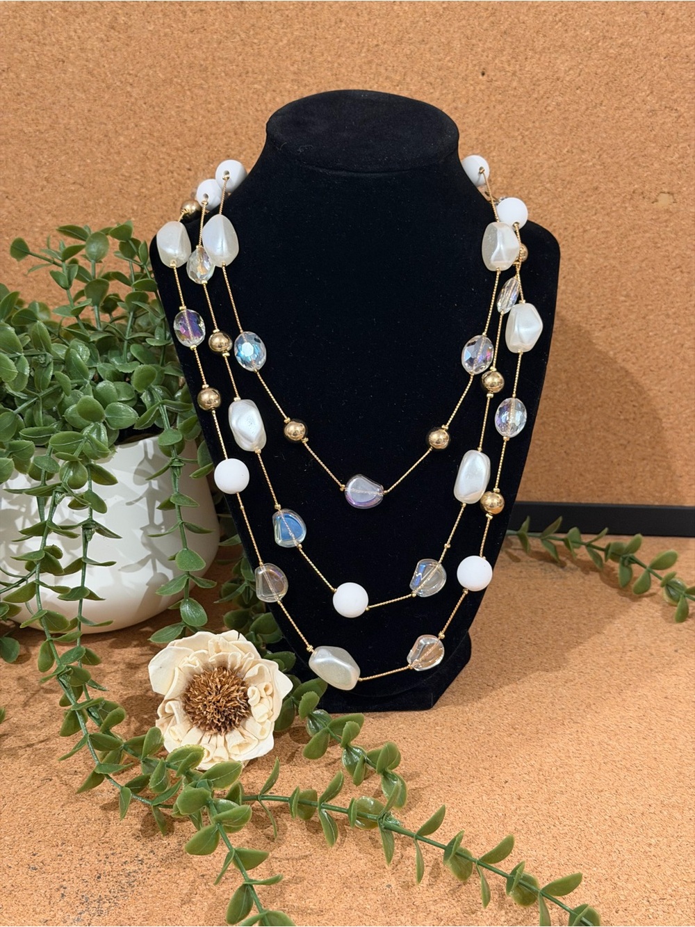 Ashley Cooper Gold Multi-Strand White and Iridescent Bead Necklace